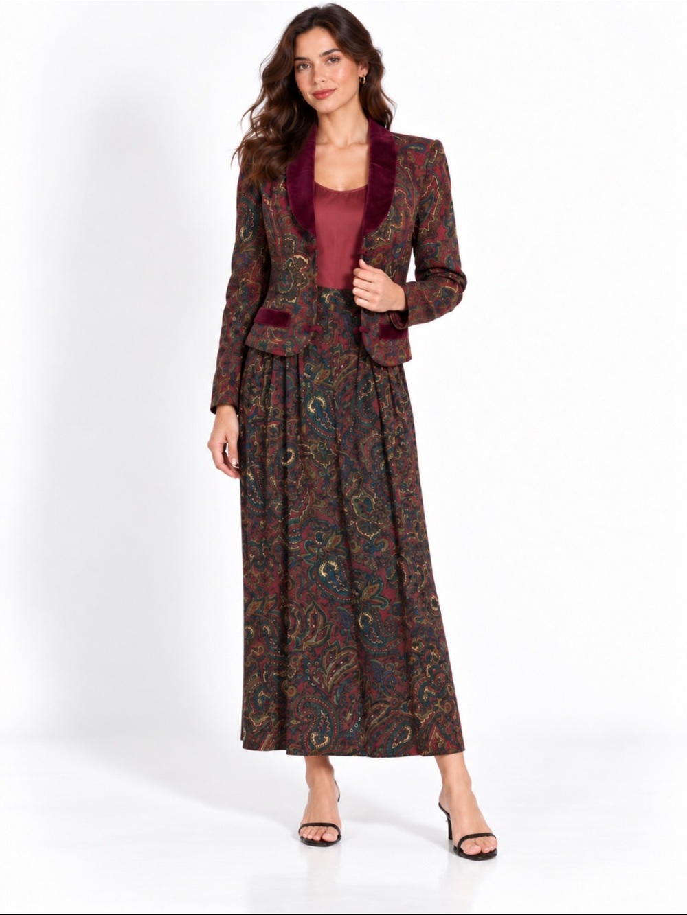 Vintage Karin Stevens Petites SPaisley Velvet Trim Dress Jacket Set